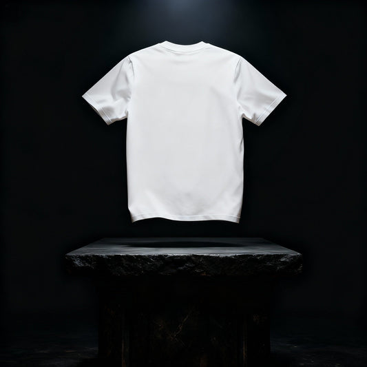 Back view of the BYOG white heavyweight t-shirt photographed above a stone altar in cinematic lighting