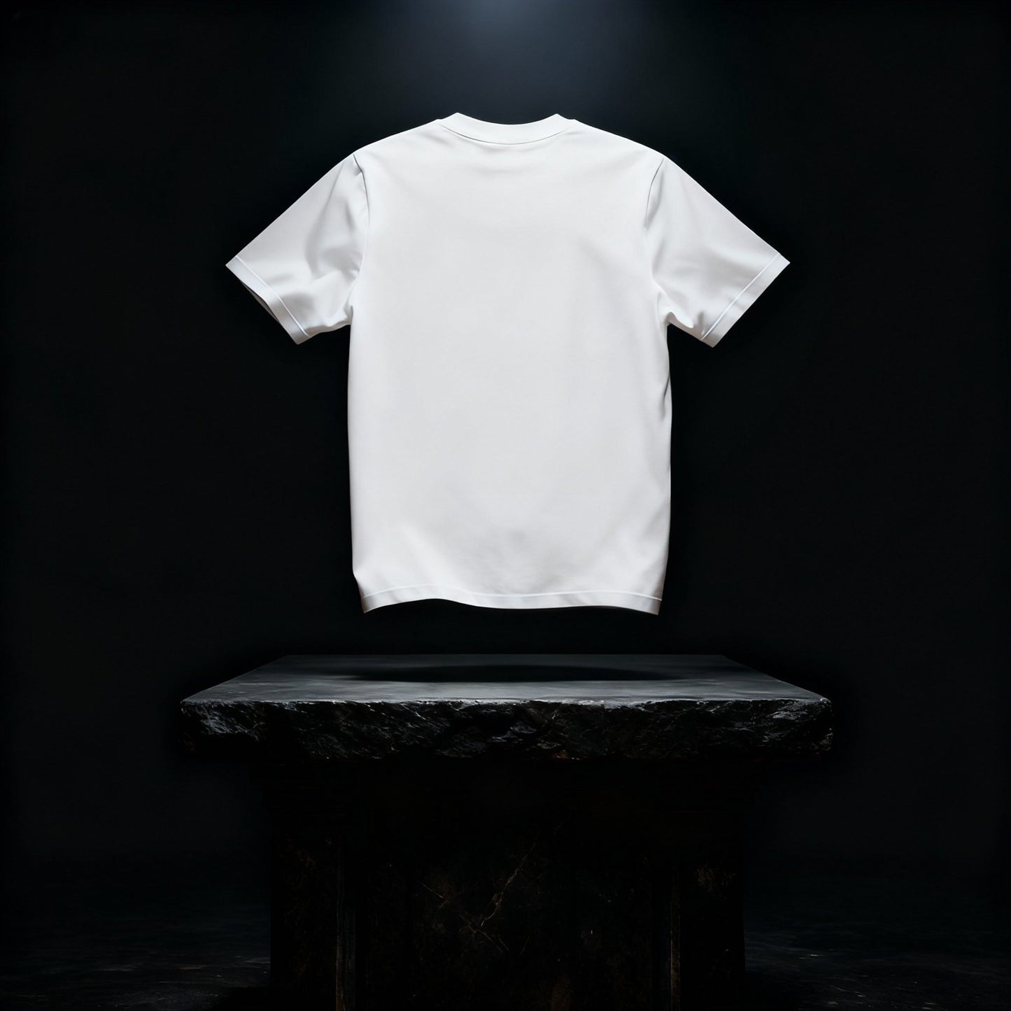 Back view of the BYOG white heavyweight t-shirt photographed above a stone altar in cinematic lighting