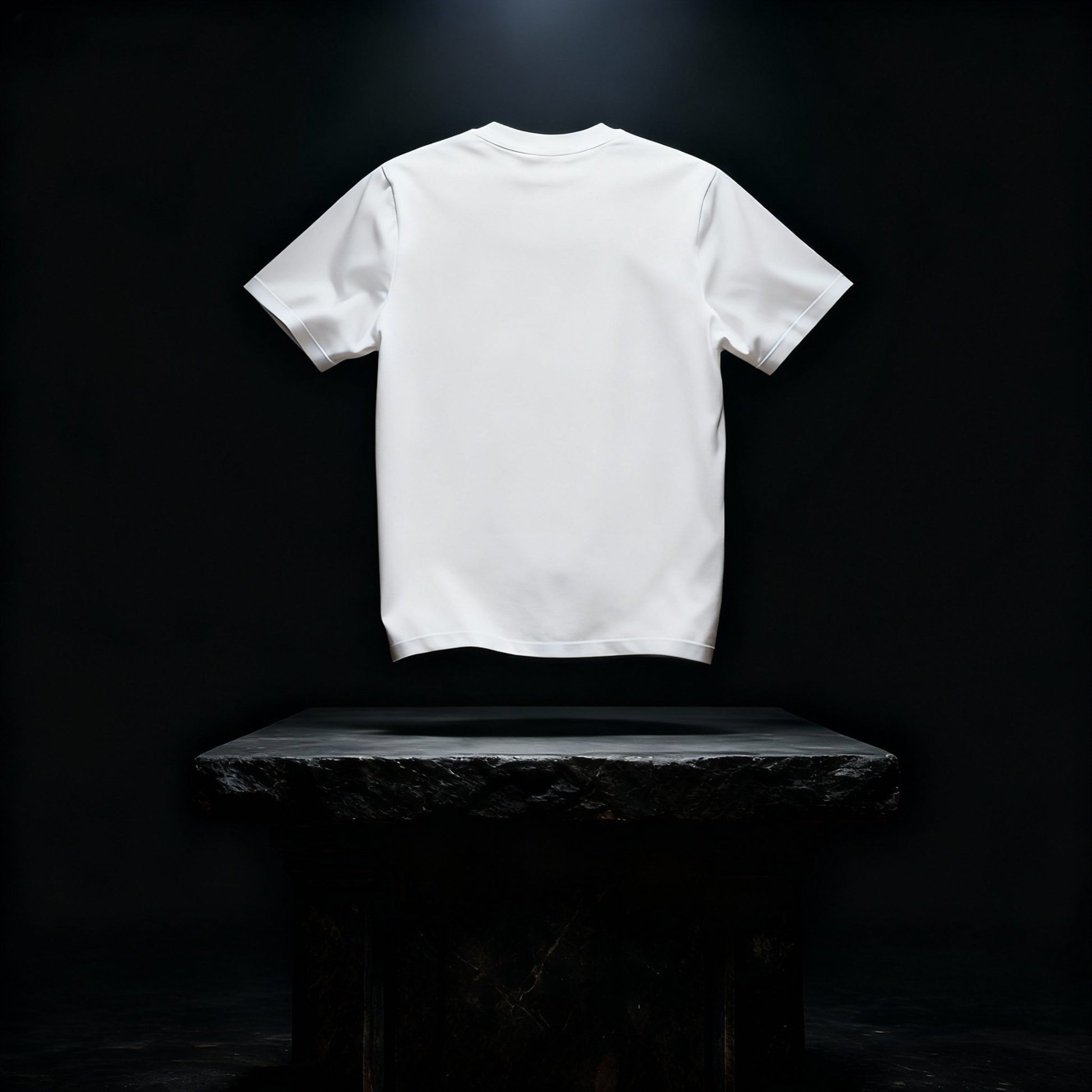 Back view of the BYOG white heavyweight t-shirt photographed above a stone altar in cinematic lighting