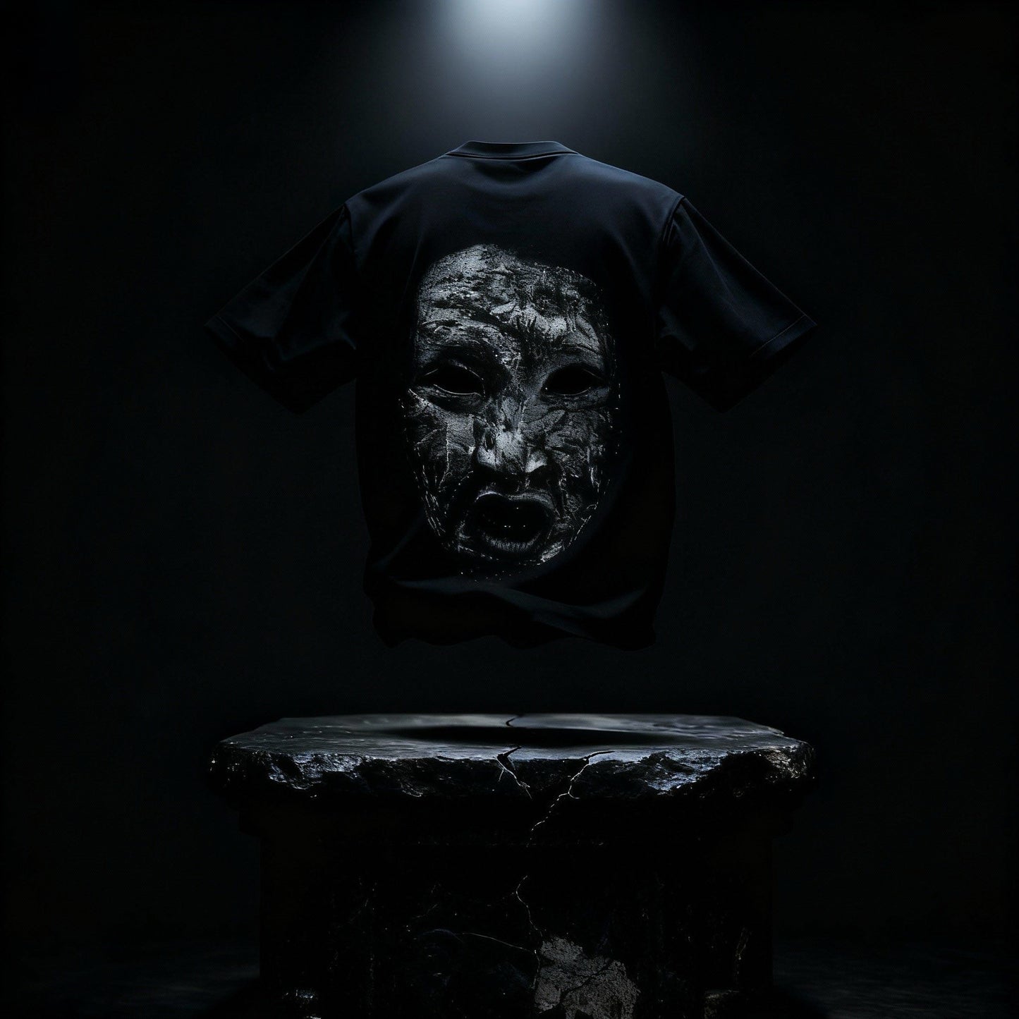 Black heavyweight cotton tee featuring a Stineface ack print in dark cinematic lighting
