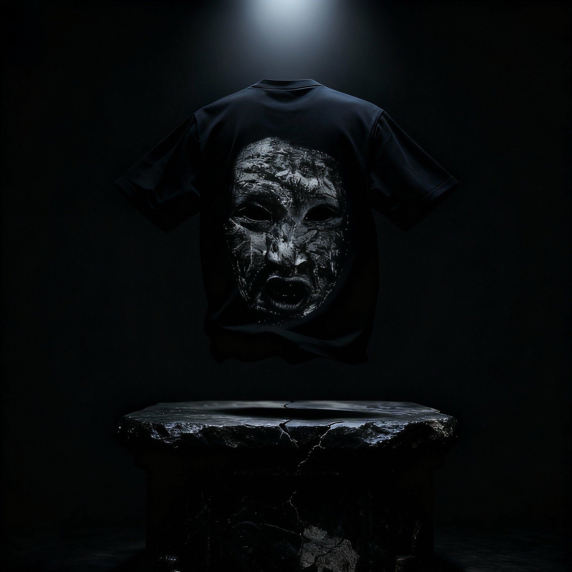 Black heavyweight cotton tee featuring a Stineface ack print in dark cinematic lighting