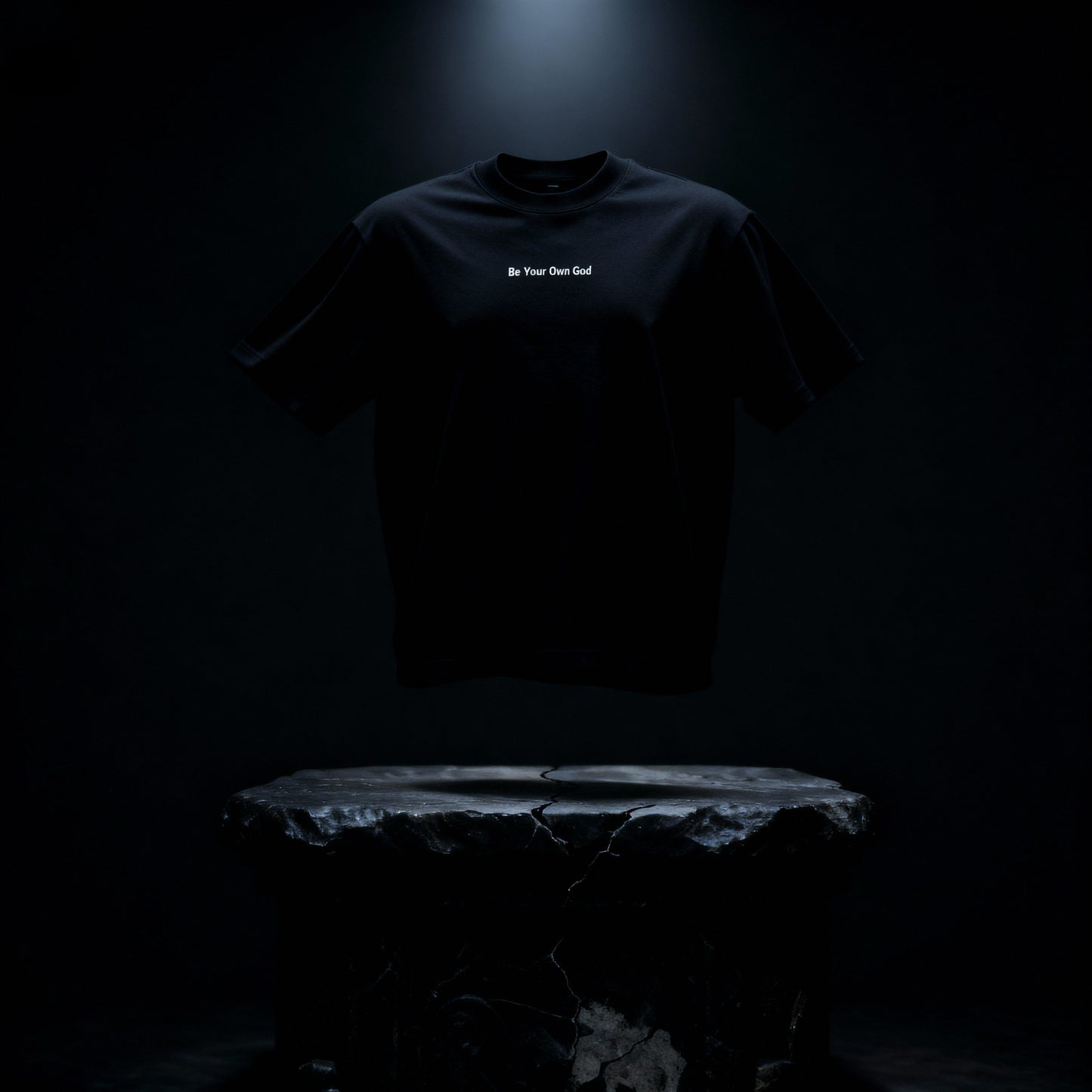Black heavyweight tee photographed above stone altar in dark cinematic lighting 
