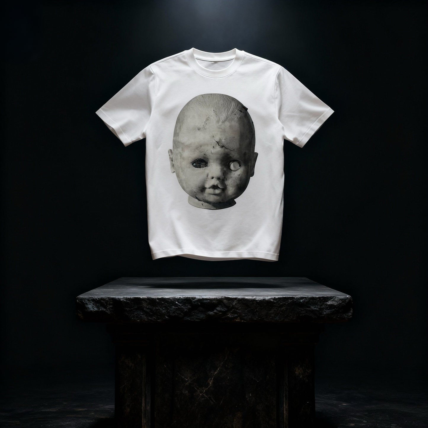 White BYOG heavyweight t-shirt featuring a Baby Face front print photographed above a stone altar in cinematic lighting
