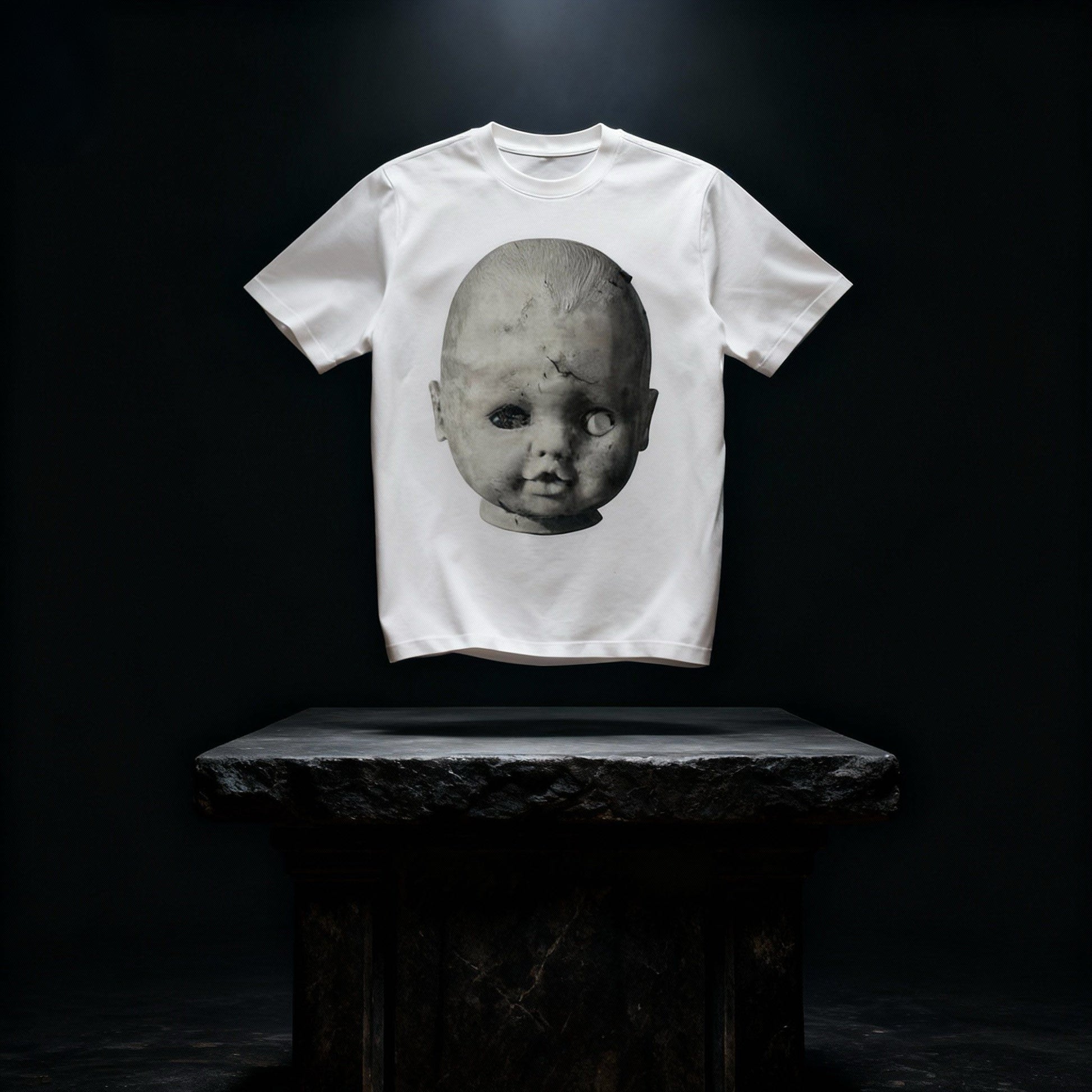White BYOG heavyweight t-shirt featuring a Baby Face front print photographed above a stone altar in cinematic lighting
