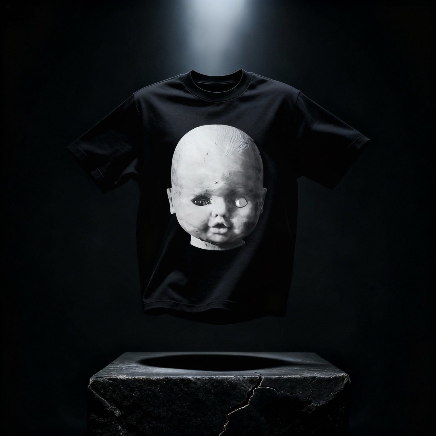 Black BYOG heavyweight t-shirt featuring a Baby Face front print photographed above a stone altar in a cinematic lighting