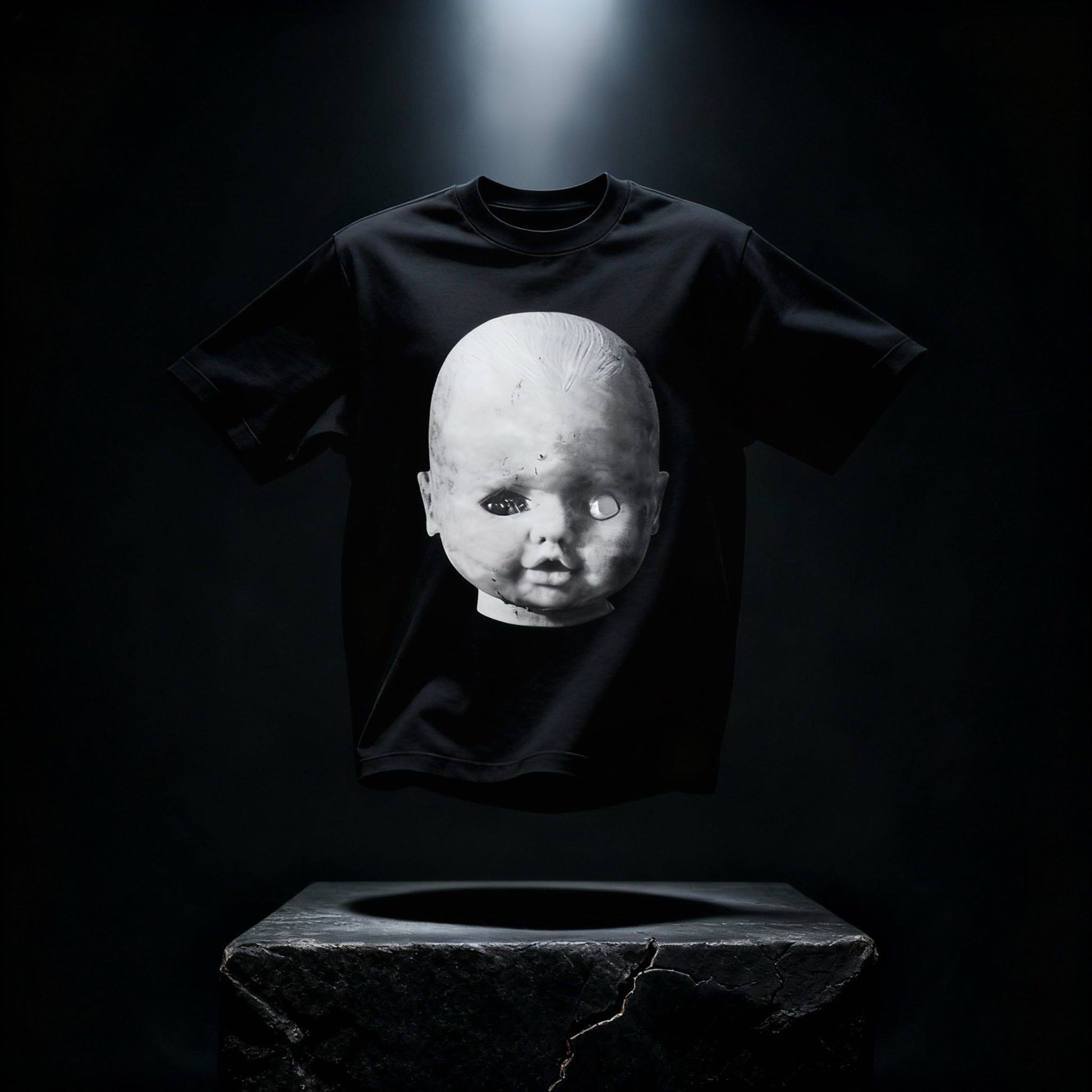 Black BYOG heavyweight t-shirt featuring a Baby Face front print photographed above a stone altar in a cinematic lighting