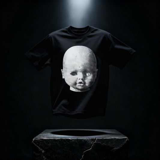 Black BYOG heavyweight t-shirt featuring a Baby Face front print photographed above a stone altar in a cinematic lighting
