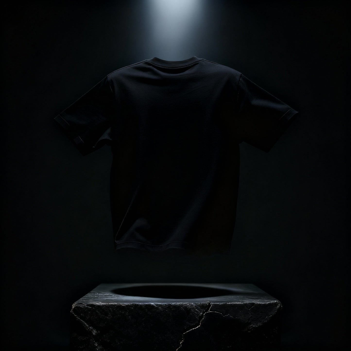 Back view of the BYOG blck t-shirt photographed above a stone altar in cinematic lighting